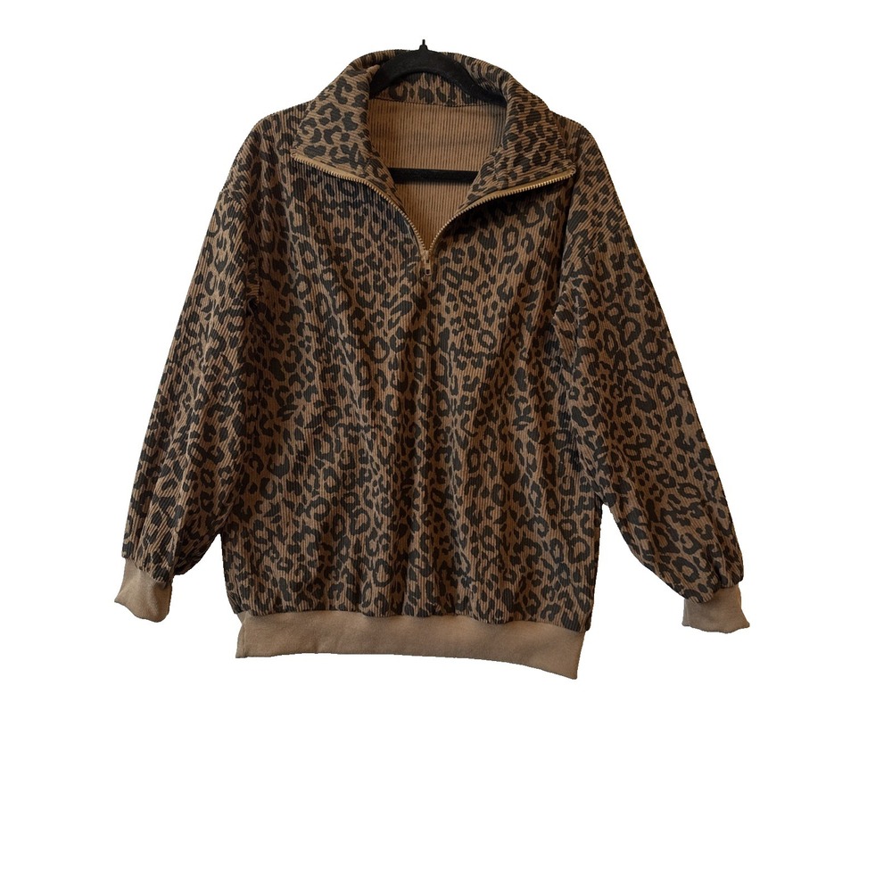 Leopard Print Ribbed 1/4 Zip Mock Neck Women's Pullover S Boho Chic Comfy Lounge
